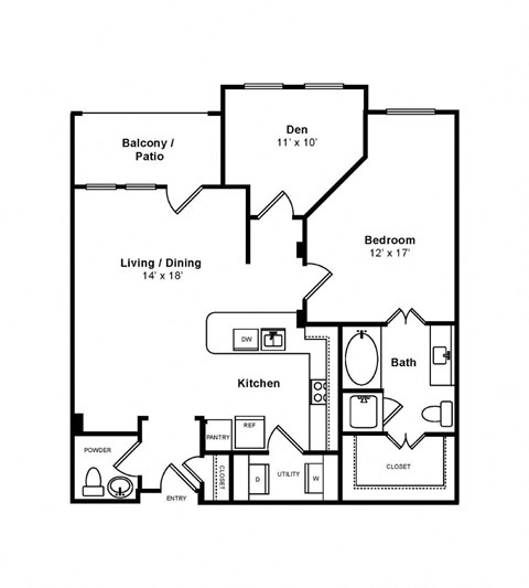 Floor plan for 1 bed, 1.5 baths, 959 sqft